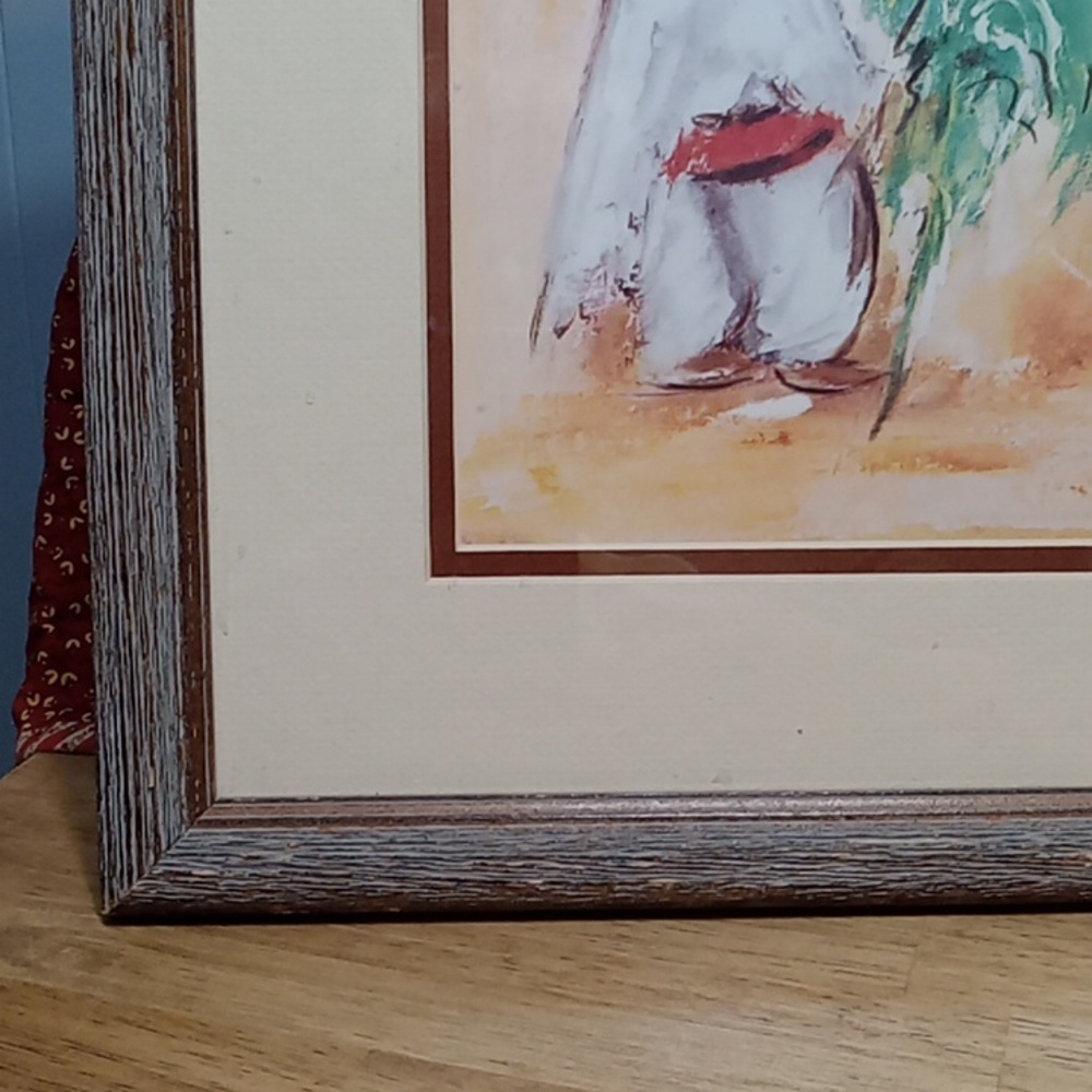 De Grazia Boy & Sunflower Art Print in Brown Frame 19x15 Vintage 1975 SW Decor - Picture 4 of 5